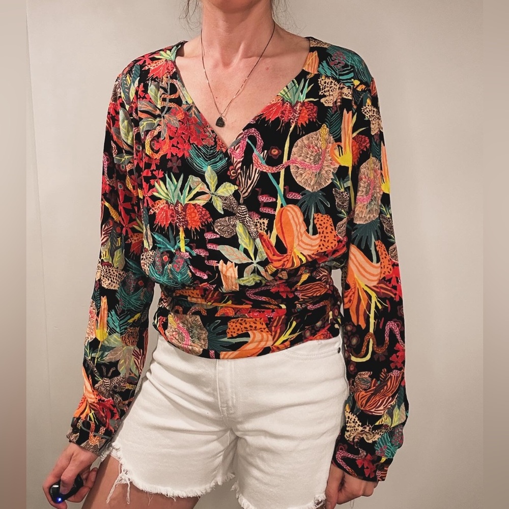 Anthropologie bright vibrant tropical forest wrap top